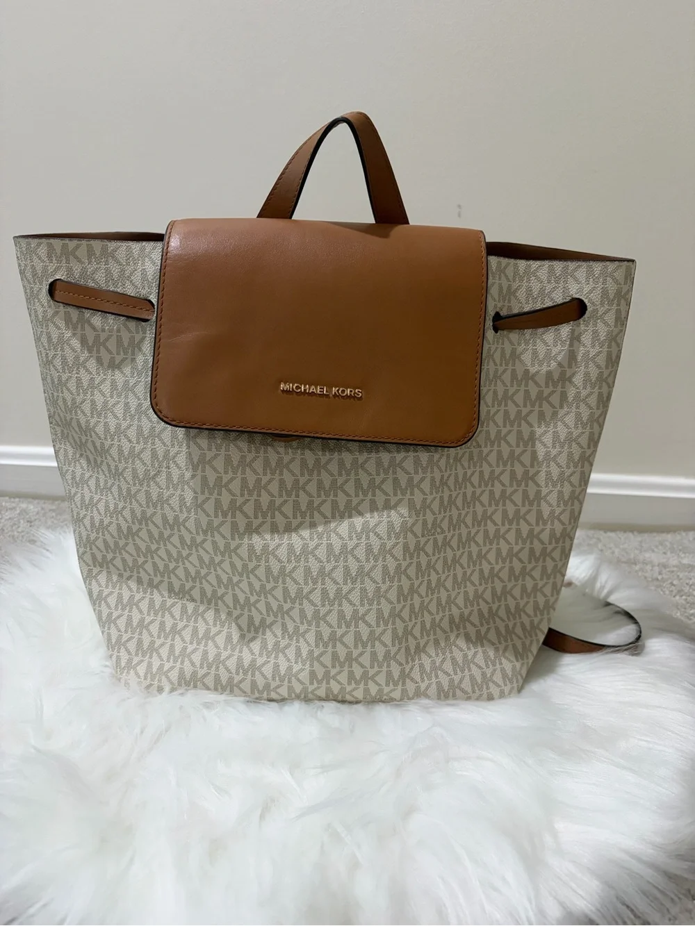Michael Kors Tan & Cream Monogram Backpack Tote